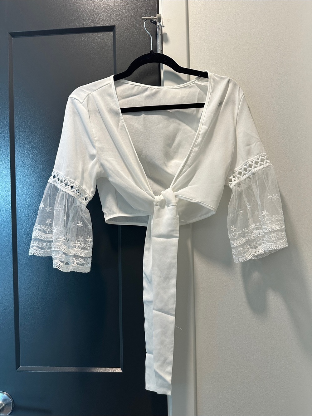 White Lace Bell-Sleeve Tie-Front Women's Top